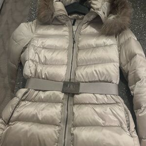 Moncler Cream Puffer Jacket with Fur Trim
